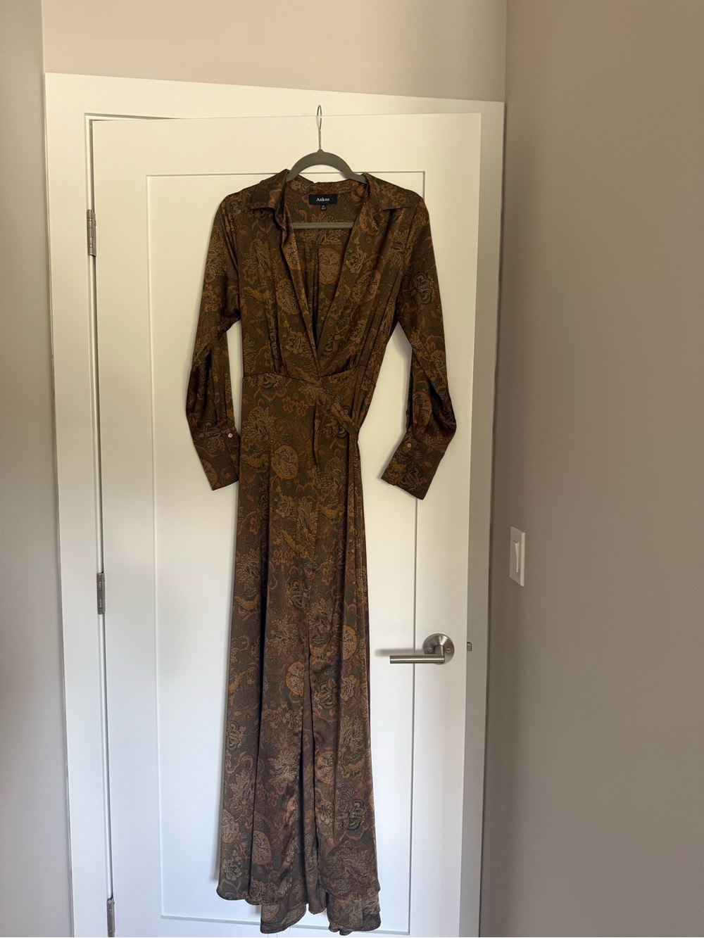 Aakaa Brown Paisley Print Long Sleeve Wrap Maxi Dress